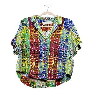Womens Jams World Road Trip short length, button-up, short sleeve top, size M